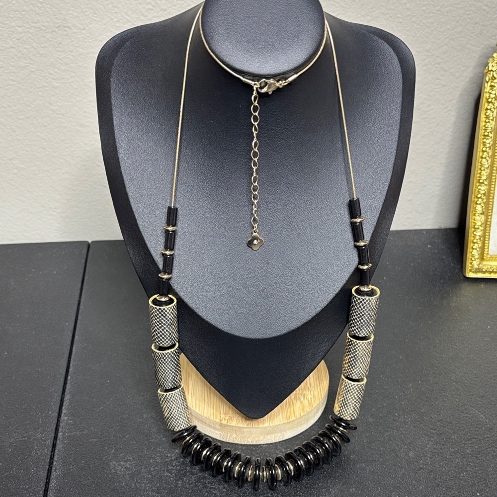 Elegant Slider Beaded Black and Gold Tone Long Print Necklace